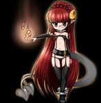  1girl 695_(mukuko) cameltoe demon_girl glasses horns pointy_ears red_eyes red_hair smile solo succubus tail thong 