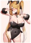  1girl absurdres black_eyes blonde_hair breasts cleavage cynthia_(pokemon) double_v fuji_(rua-258) hair_ornament highres large_breasts long_hair looking_at_viewer playboy_bunny pokemon ponytail v 