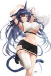  1girl absurdres animal_ear_fluff animal_ears apt aqua_eyes arknights armpits arms_up bangs bare_arms bare_shoulders black_hair black_skirt blaze_(arknights) blue_hair breasts buckle cat_ears cat_girl cat_tail cleavage hairband highres large_breasts leg_up long_hair miniskirt one_eye_closed open_mouth pencil_skirt red_hairband see-through shirt simple_background single_thighhigh skirt sleeveless solo standing standing_on_one_leg tail thigh_strap thighhighs underboob undressing very_long_hair white_background white_legwear white_shirt 