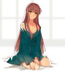  1girl bangs breasts collarbone commentary_request doki_doki_literature_club dress eyebrows_visible_through_hair full_body green_dress green_eyes green_jacket hair_down hand_on_own_knee jacket long_hair long_sleeves looking_at_viewer medium_breasts monika_(doki_doki_literature_club) sitting smile solo sora_(efr) very_long_hair yokozuwari 