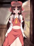  1girl ascot bare_shoulders bow brown_eyes brown_hair cowboy_shot detached_sleeves hair_bow hair_tubes hakurei_reimu highres long_hair long_sleeves looking_at_viewer midriff navel red_bow red_skirt revision ribbon-trimmed_sleeves ribbon_trim shirt side_slit skirt skirt_hold skirt_set solo stomach torii touhou veranda very_long_hair wendell wide_sleeves 