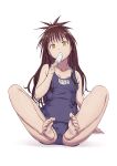  1girl absurdres arad_baranga barefoot brown_hair commentary eating feet food hair_bobbles hair_ornament highres looking_at_viewer old_school_swimsuit popsicle school_swimsuit sexually_suggestive simple_background sitting swimsuit to_love-ru to_love-ru_darkness white_background yellow_eyes yuuki_mikan 