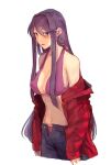  1girl alternate_costume arms_at_sides bikini blue_pants breasts cleavage collarbone commentary_request cowboy_shot doki_doki_literature_club ears_visible_through_hair hair_ornament hairclip jacket jacket_partially_removed large_breasts long_hair navel open_fly open_mouth pants pocket purple_bikini purple_eyes purple_hair red_jacket sidelocks simple_background smile solo sora_(efr) standing swimsuit tsurime very_long_hair white_background yuri_(doki_doki_literature_club) 
