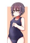  1girl :o bangs breasts brown_background brown_eyes collarbone commentary_request eyebrows_visible_through_hair hair_between_eyes hand_on_own_stomach highres looking_at_viewer nagato_yuki one-piece_swimsuit open_mouth purple_hair school_swimsuit shiny shiny_hair short_hair simple_background sleeveless small_breasts solo suzumiya_haruhi_no_yuuutsu swimsuit t_(dyuhuhudyukusi) two-tone_background white_background 