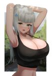  1girl armpits arms_behind_head arms_up bangs blunt_bangs breasts cleavage eyebrows_visible_through_hair facial_mark girls&#039;_frontline green_eyes hair_ornament highres hk416_(girls&#039;_frontline) huge_breasts large_breasts long_hair looking_at_viewer navel open_mouth organ3432 outdoors outside_border ponytail shade sidelocks silver_hair smile solo sports_bra strap_gap teardrop teardrop_facial_mark teardrop_tattoo upper_body white_hair x_hair_ornament 