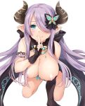  1girl all_fours asymmetrical_gloves black_cape black_flower black_gloves blue_eyes blush breasts butterfly_hair_ornament cape closed_mouth commentary_request draph finger_to_mouth fingerless_gloves flower gloves granblue_fantasy hair_ornament hair_over_one_eye horns index_finger_raised jewelry kneeling large_breasts leaning_forward light_purple_hair long_hair looking_at_viewer nakajima_yuka narmaya_(granblue_fantasy) necklace nipples photoshop_(medium) pointy_ears shiny shiny_skin shushing simple_background smile solo very_long_hair white_background 