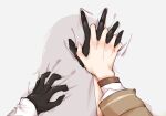  2girls gloves hands hololive hololive_english interlocked_fingers jacket kuur0kane long_sleeves multiple_girls ninomae_ina&#039;nis shadow sheet_grab virtual_youtuber watson_amelia yuri 