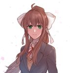  1girl bangs brown_hair commentary_request doki_doki_literature_club green_eyes grey_jacket hair_ribbon jacket long_hair looking_at_viewer monika_(doki_doki_literature_club) neck_ribbon parted_lips ponytail red_ribbon ribbon school_uniform sidelocks simple_background smile solo sora_(efr) upper_body white_background white_ribbon 