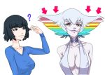  ? absurdres alternate_costume alternate_hairstyle arrow_(symbol) black_hair blue_eyes blue_sweater bob_cut breasts cleavage comparison confused covered_nipples frown highres hime_cut kill_la_kill kiryuuin_ragyou kiryuuin_satsuki lipstick makeup multicolored_hair rainbow_hair showing_off smug sweater thick_eyebrows urustam v_neck 
