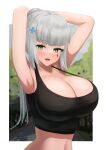  1girl armpits arms_behind_head arms_up bangs blunt_bangs breasts cleavage eyebrows_visible_through_hair facial_mark girls&#039;_frontline green_eyes hair_ornament highres hk416_(girls&#039;_frontline) huge_breasts large_breasts long_hair looking_at_viewer navel open_mouth organ3432 outdoors outside_border ponytail sidelocks silver_hair smile solo sports_bra strap_gap teardrop teardrop_facial_mark teardrop_tattoo upper_body white_hair x_hair_ornament 