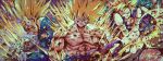 3boys anger_vein blonde_hair blood clenched_teeth closed_mouth collarbone commentary dragon_ball dragon_ball_z gloves green_eyes hashagu highres jacket male_focus multiple_boys muscular muscular_male purple_jacket son_goku super_saiyan super_saiyan_1 teeth topless_male torn_clothes trunks_(dragon_ball) trunks_(future)_(dragon_ball) upper_body v-shaped_eyebrows vegeta white_gloves 
