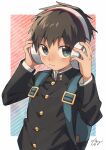 1boy bag brown_hair buttons commentary_request eyebrows_visible_through_hair green_eyes headphones highres holding keitomato looking_at_viewer original school_bag school_uniform short_hair simple_background straight-on touching 