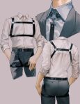  1boy belt belt_buckle black_jacket black_pants buckle chest_harness collared_shirt commentary_request cowboy_shot formal harness highres ishida_(segu_ishida) jacket male_focus multiple_views original pants shirt shirt_tucked_in sleeves_folded_up suit thigh_strap white_shirt 