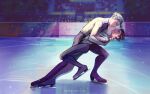  2boys absurdres arm_around_neck black_legwear blurry blurry_background brown_hair depth_of_field figure_skating highres holding_person ice ice_skates katsuki_yuuri looking_at_another male_focus multiple_boys shirt signature skates smile sparkle viktor_nikiforov white_hair white_shirt yaoi yuri!!!_on_ice zephyrine-gale 