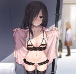  1girl akase_haruka areolae bangs black_bra black_legwear black_panties blurry blurry_background blush bow bow_bra bow_panties bra breasts brown_eyes brown_hair cleavage closed_mouth collarbone commentary_request cowboy_shot crotchless crotchless_panties depth_of_field exhibitionism eyebrows_visible_through_hair eyes_visible_through_hair hair_over_one_eye jacket lace lace-trimmed_bra lace-trimmed_legwear lace-trimmed_panties lace_trim long_hair looking_at_viewer medium_breasts nakajima_yuka navel open_clothes open_jacket original panties photoshop_(medium) pink_jacket public_indecency pussy_juice reward_available smile solo thighhighs underwear 