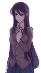  1girl bangs blue_skirt commentary_request doki_doki_literature_club grey_jacket hair_between_eyes hair_ornament hairclip hand_on_own_chest jacket long_hair long_sleeves looking_at_viewer pleated_skirt purple_eyes purple_hair school_uniform simple_background skirt solo sora_(efr) very_long_hair white_background yuri_(doki_doki_literature_club) 