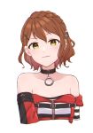  alternate_hairstyle bare_shoulders blush braid breasts brown_hair choker collarbone commentary crop_top eyebrows_visible_through_hair hair_between_eyes hair_ornament hairclip idolmaster idolmaster_million_live! idolmaster_million_live!_theater_days kasuga_mirai ktmtry looking_at_viewer medium_breasts medium_hair red_shirt shirt smile solo striped_clothes striped_sleeves upper_body white_background yellow_eyes zipper 