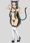  1girl :d absurdres animal_ears bikini black_bow black_footwear black_ribbon bow bow_legwear breasts cat_ears cat_tail collar commentary_request eyebrows_visible_through_hair fang forehead frilled_armband frilled_bikini frilled_collar frills full_body green_hair grey_background gurobeya highres long_hair looking_at_viewer medium_breasts open_mouth paw_pose ribbon simple_background smile solo suzumiya_haruhi_no_yuuutsu swimsuit tail thighhighs tsuruya very_long_hair white_legwear 