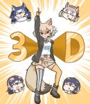  &gt;:) 5girls ^_^ african_penguin_(kemono_friends) animal_ears arm_at_side arm_up asymmetrical_legwear bangs black_hair blue_hair blush_stickers brown_eyes brown_hair cardigan closed_eyes closed_mouth coyote_(kemono_friends) coyote_ears coyote_girl coyote_tail dire_wolf_(kemono_friends) emphasis_lines extra_ears eyebrows_visible_through_hair fang fox_ears full_body fur_collar gloves grey_hair hair_between_eyes hat head_only headset highres humboldt_penguin_(kemono_friends) index_finger_raised island_fox_(kemono_friends) kemono_friends kemono_friends_v_project kotobuki_(tiny_life) long_sleeves looking_at_viewer medium_hair microskirt multicolored_hair multiple_girls open_cardigan open_clothes open_mouth outstretched_arm pink_hair pose shirt shoes skirt smile standing tan thighhighs twintails v-shaped_eyebrows virtual_youtuber white_hair wolf_ears zettai_ryouiki 