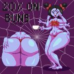  5_eyes 6_arms accessory anthro arachnid arthropod big_butt black_hair butt clothing container cup digital_media_(artwork) english_text female gesture hair hair_accessory hair_ribbon hand_on_butt hi_res holding_cup holding_object insect looking_at_viewer muffet multi_arm multi_eye multi_limb navel open_mouth pigtails pixel_(artwork) purple_body ribbons solo spider spider_web spinneborg text thick_thighs thong topwear undertale undertale_(series) underwear v_sign video_games 