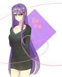  1girl arms_behind_back bangs black_shirt collarbone commentary_request doki_doki_literature_club hair_between_eyes hair_ornament hairclip heart heart_of_string long_hair long_sleeves looking_at_viewer purple_eyes purple_hair shirt simple_background solo sora_(efr) very_long_hair yuri_(doki_doki_literature_club) 