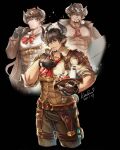  &gt;_o 1boy abs anjingkuxiao ascot bangs bara barawa bare_pectorals belt black_gloves black_hair brown_belt brown_eyes brown_jacket brown_pants collared_shirt cow_boy cow_horns dated draph facial_hair gloves goatee granblue_fantasy hat hat_ornament headwear_removed highres horns jacket large_pectorals looking_at_viewer male_focus muscular muscular_male nipples one_eye_closed open_clothes open_jacket pants parted_lips pectorals petals pipe pipe_in_mouth pointy_ears shirt short_hair shoulder_pads smile solo teeth white_shirt 