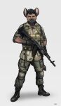  2022 absurd_res anthro boots bottomwear clothing footwear gun hi_res looking_at_viewer male mammal military_uniform pants pgm300 plantigrade ranged_weapon simple_background solo uniform weapon white_background 