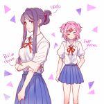  2girls alternate_hairstyle arms_under_breasts blue_skirt commentary_request doki_doki_literature_club folded_ponytail hair_ornament hair_up long_hair long_sleeves multiple_girls natsuki_(doki_doki_literature_club) neck_ribbon one_eye_covered pink_eyes pink_hair pleated_skirt puffy_short_sleeves puffy_sleeves purple_eyes purple_hair red_ribbon ribbon shirt short_sleeves sidelocks simple_background skirt sleeves_rolled_up smile sora_(efr) two_side_up white_background white_shirt yuri_(doki_doki_literature_club) 