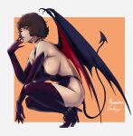  absurdres arad_baranga breasts brown_hair chain choker commentary demon_girl demon_tail demon_wings elbow_gloves gloves high_heels highres kawakami_sadayo large_breasts open_mouth persona persona_5 sideboob solo squatting tail wings 