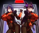  2girls arm_guards breasts commission corruption cowboy_shot dark_persona double_bun fate/grand_order fate_(series) glowing glowing_eyes hair_cones hair_up highres kiyukisuke large_breasts long_hair looking_at_viewer low-tied_long_hair minamoto_no_raikou_(fate) multiple_girls murasaki_shikibu_(fate) purple_eyes purple_hair skeb_commission smile very_long_hair 