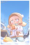  1girl :&lt; beanie blue_eyes blurry blurry_background child constricted_pupils day food food_on_face hat highres holding holding_food ice_cream_cone kozato_(yu_kozato) little_blonde_girl_(kozato) mittens mittens_removed original outdoors pom_pom_(clothes) sky snot snow solo twintails winter_clothes 