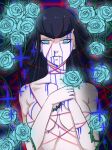  absurdres black_hair blood blue_blood blue_eyes blue_flower blue_rose empty_eyes flower glowing glowing_eyes hair_flower hair_ornament highres hime_cut horror_(theme) kill_la_kill kiryuuin_satsuki life_fiber long_hair nude petals plant rose rose_petals solo solo_focus sparkle tears thick_eyebrows thorns urustam vines 