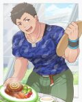  1boy aopanda bara blue_shirt blush cup food green_pants highres holding holding_plate idolmaster idolmaster_side-m jewelry large_pectorals male_focus muscular muscular_male necklace open_mouth pants pectorals plate purple_eyes shingen_seiji shirt smile solo wristband 