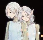  2boys androgynous armor bags_under_eyes black_background blurry bokeh depth_of_field dual_persona dungeon_meshi elf gorget hair_between_eyes half-closed_eyes head_on_another&#039;s_shoulder head_rest highres looking_afar looking_at_viewer looking_away looking_to_the_side male_focus medium_hair mithrun multiple_boys notched_ear pointy_ears profile sami_(3a3i3a3i) short_hair simple_background upper_body 