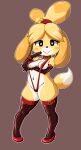  absurd_res aladeen animal_crossing anthro armwear big_breasts bikini breasts canid canine canis clothing collar domestic_dog elbow_gloves eliozdherion female gloves hand_under_breast handwear hi_res high_heels isabelle_(animal_crossing) legwear looking_at_viewer mammal nintendo simple_background sling_bikini smile solo swimwear thigh_highs video_games 