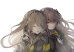  2girls absurdres althea_jade armband bangs brown_eyes brown_hair closed_eyes expressionless eyebrows_visible_through_hair girls&#039;_frontline grey_hair hair_between_eyes hair_ornament hair_ribbon highres jacket long_hair looking_ahead multiple_girls one_side_up parted_lips ribbon scar scar_across_eye scar_on_face shirt simple_background slight_smile smile ump40_(girls&#039;_frontline) ump45_(girls&#039;_frontline) upper_body white_background white_shirt 