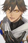  1boy bangs brown_hair commentary_request dark-skinned_male dark_skin earrings egyptian_clothes fate/grand_order fate_(series) gloves hair_between_eyes highres jewelry long_hair looking_at_viewer male_focus open_mouth ozymandias_(fate) smile solo takashi_(huzakenna) yellow_eyes 