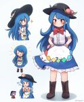  1girl apron black_headwear blouse blue_bow blue_hair blue_skirt bow bowtie brown_footwear buttons cross-laced_footwear dress_shirt eating ferdy&#039;s_lab food frills fruit hands_on_hips hat highres hinanawi_tenshi leaf long_hair mg_mg multiple_persona neck_ribbon no_hat no_headwear peach puffy_short_sleeves puffy_sleeves rainbow_order red_bow red_bowtie red_eyes ribbon shirt shoes short_sleeves simple_background skirt smile sukuna_shinmyoumaru sword_of_hisou touhou white_background white_blouse white_shirt wing_collar 