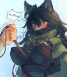  1girl absurdres animal_ears arms_behind_back bdsm black_hair black_shirt bondage bound breast_bondage breasts cad_(caddo) cape covered_nipples erune gag gagged granblue_fantasy highres ilsa_(granblue_fantasy) improvised_gag large_breasts long_hair pov pov_hands pulling red_eyes second-party_source shibari shibari_over_clothes shirt signature sweat tape tape_gag 