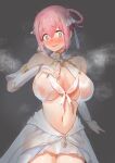  1girl @_@ absurdres arm_behind_back bangs bare_shoulders blue_eyes blush braid breasts bridal_gauntlets closed_mouth covered_nipples elbow_gloves eyebrows_visible_through_hair gloves grey_background hair_between_eyes hair_rings halterneck hand_up highres huge_breasts looking_at_viewer midriff pink_hair pirumu princess_connect! raised_eyebrows revealing_clothes see-through short_hair simple_background skirt solo standing steaming_body tareme white_gloves white_skirt yui_(princess_connect!) 