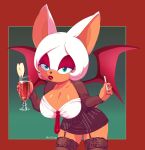  2022 absurd_res anthro apple bat_wings beverage breasts chiropteran cleavage clothed clothing colored_nails container cup eyeshadow female green_eyes hair hi_res holding_object legwear lipstick makeup mammal membrane_(anatomy) membranous_wings nails rouge_the_bat scittykitty sega solo sonic_the_hedgehog_(series) tan_body tan_skin white_hair wings 