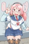  1girl :d blue_skirt blush breasts commentary_request cosplay glasses hairband hip_vent kantai_collection large_breasts long_hair long_sleeves looking_at_viewer mimofu_(fullhighkick) necktie ooyodo_(kancolle) ooyodo_(kancolle)_(cosplay) open_mouth panties pink_hair red_eyes red_neckwear reward_available sazanami_(kancolle) school_uniform sitting skirt smile solo speech_bubble thighhighs translation_request underwear v white_hairband 