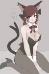  1girl 333kyanako animal_ears bell bird black_bow bow bowtie braid cat_ears cat_tail closed_eyes extra_ears forked_tail grey_background high_heels highres kaenbyou_rin motion_lines multiple_tails neck_bell nekomata playboy_bunny pointy_ears red_bow red_bowtie red_eyes red_hair reiuji_utsuho reiuji_utsuho_(bird) sitting sketch slit_pupils solo swimsuit tail third_eye touhou twin_braids 