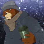  2014 anthro belly black_nose brown_body clothing hat headgear headwear humanoid_hands juuichi_mikazuki kemono male mammal morenatsu outside overweight overweight_male scarf shun1124 snow snowing solo sweater topwear ursid video_games visual_novel 