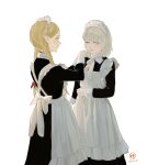  2girls absurdres adjusting_clothes alternate_costume apron back_bow bangs black_dress blonde_hair blush bob_cut bow braid cowboy_shot dated dress dressing_another dungeon_meshi elf enmaided falin_thorden green_eyes hair_behind_ear highres long_hair long_sleeves maid maid_apron maid_headdress marcille multiple_girls neck_ribbon parted_lips pointy_ears profile ribbon short_hair silver_hair smile standing sunakienn twin_braids twintails white_apron white_bow white_ribbon yellow_eyes 