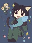  2girls animal animal_ears black_eyes black_gloves black_hair blonde_hair blue_eyes cat_ears cat_girl cat_tail chito_(shoujo_shuumatsu_ryokou) coat eyebrows_visible_through_hair fish gloves green_coat green_pants highres hishimatope holding holding_animal holding_fish long_hair long_sleeves looking_at_another low_twintails multiple_girls pants parted_lips shoujo_shuumatsu_ryokou smile tail twintails yuuri_(shoujo_shuumatsu_ryokou) 