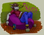  artist bean bean_pillow beard bleats bottomwear bovid can caprine clothing container denim denim_clothing drawing facial_hair goat gote hi_res horizontal_pupils horn jeans mammal masterzoroark666 pants paper pillow pupils sitting smoke smoking wristband 