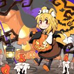  1girl :3 animal_ears asymmetrical_hair bangs bat black_footwear black_necktie blonde_hair blush boots brown_skirt brown_vest candle closed_mouth collared_shirt commentary_request cookie_(touhou) fang fang_out fire flame fox_ears fox_girl fox_tail frilled_skirt frills full_body gram_9 halloween hat jack-o&#039;-lantern lantern looking_at_viewer medium_hair miramikaru_riran necktie omelet pumpkin red_eyes shirt short_sleeves sidelocks skirt smile smiley_face solo tail tamagoyaki vest white_shirt witch_hat 