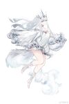  1girl :/ absurdres bare_legs bare_shoulders blue_eyes breasts chinese_commentary choker cleavage closed_mouth collarbone commentary dress floating_hair frilled_dress frills full_body grey_hair highres legs long_hair looking_at_viewer off_shoulder personification pokemon reshiram silver_dress simple_background slit_pupils solo teng_tang_gu thighs tiara weibo_username white_background 