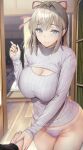  1girl bangs blue_eyes blush breasts cleavage cleavage_cutout clothing_cutout doorway gentsuki grey_hair highres holding_hands non-web_source panties pink_panties pink_ribbon pointing pov pov_doorway purple_sweater ribbon sweater thighs underwear 